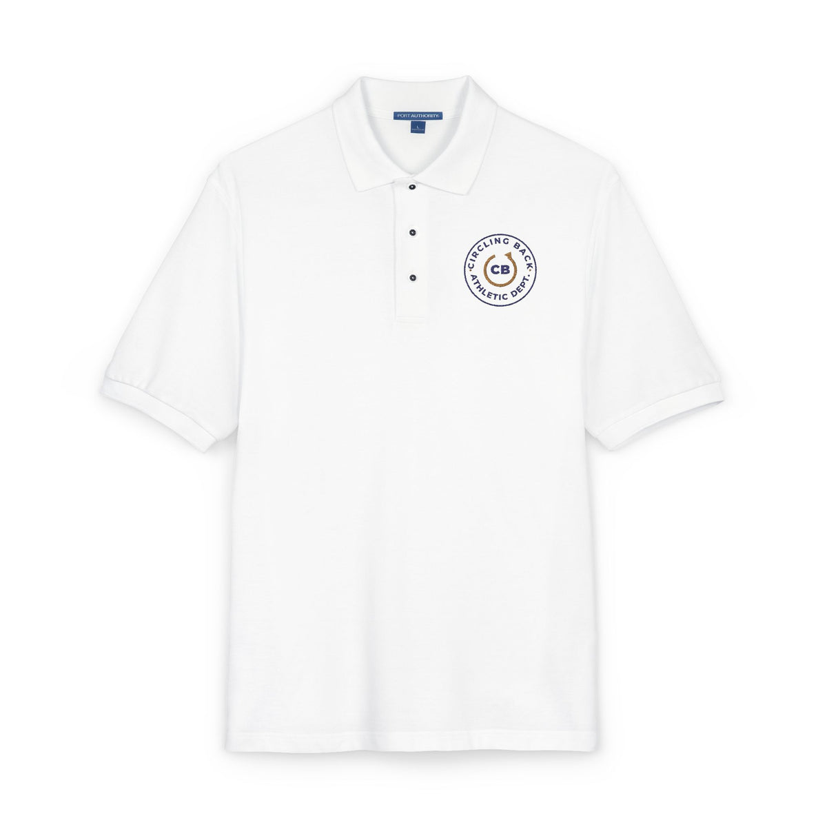 Close-up of the embroidered chest on the white Circling Back Athletic Dept. polo by Mildly Unavailable