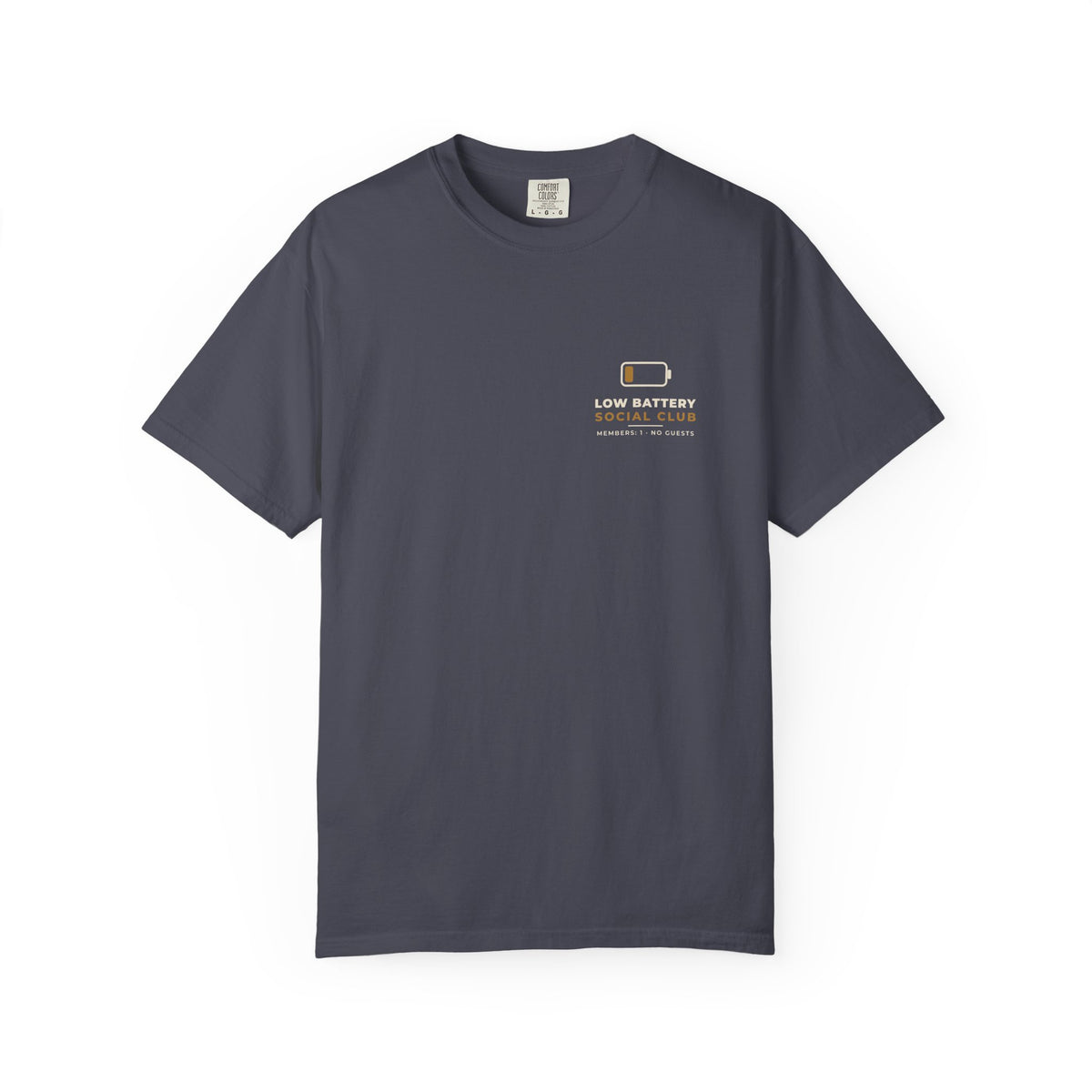 Front of the navy Low Battery Social Club tee by Mildly Unavailable: a small left-chest Low Battery Social Club tee