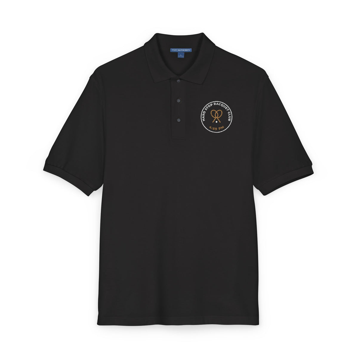 Close-up of the embroidered chest on the black Hard Stop Racquet Club polo by Mildly Unavailable