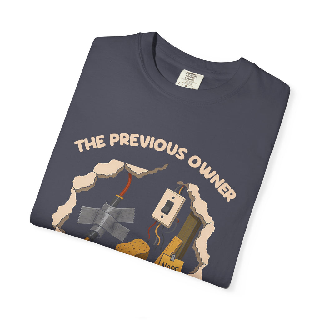 Folded navy The Previous Owner Did It Himself tee by Mildly Unavailable, close-up of the front design