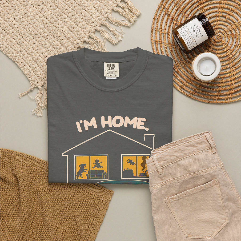 Pepper Just Sitting in the Car for a Minute Murray tee by Mildly Unavailable laid flat with folded pants and home decor