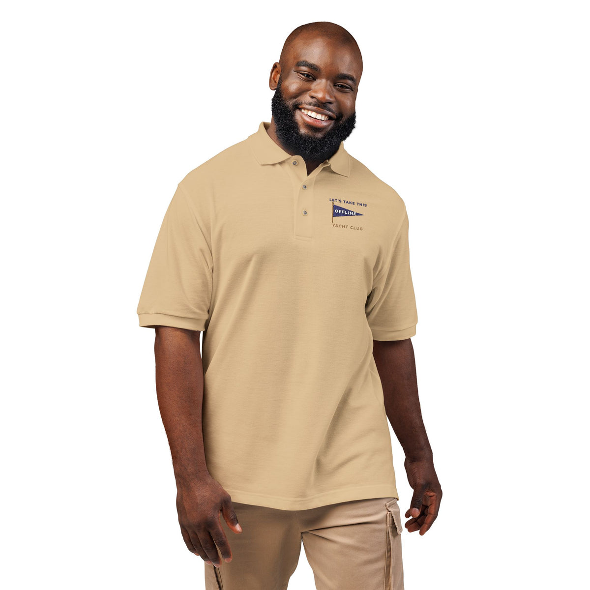 Model wearing the stone Let's Take This Offline Yacht Club polo by Mildly Unavailable