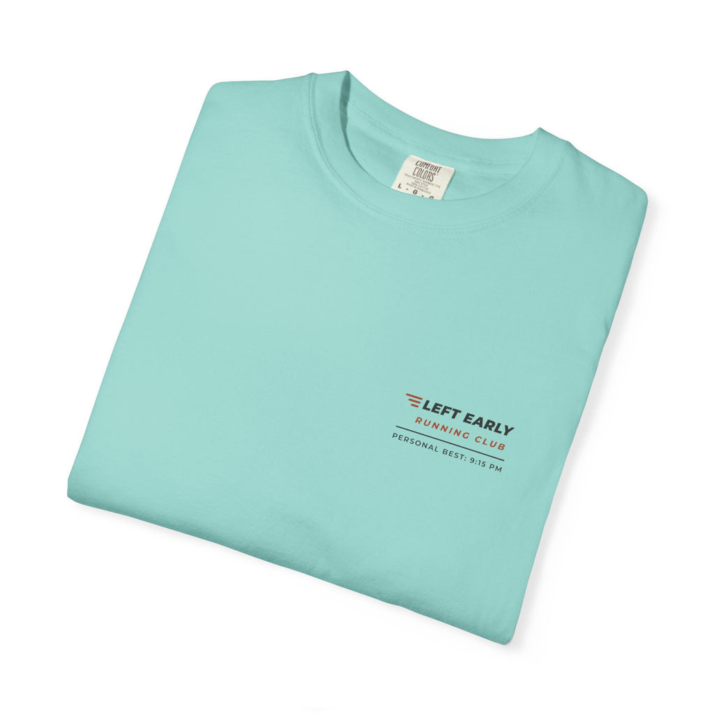 Folded chalky mint Left Early Running Club tee by Mildly Unavailable