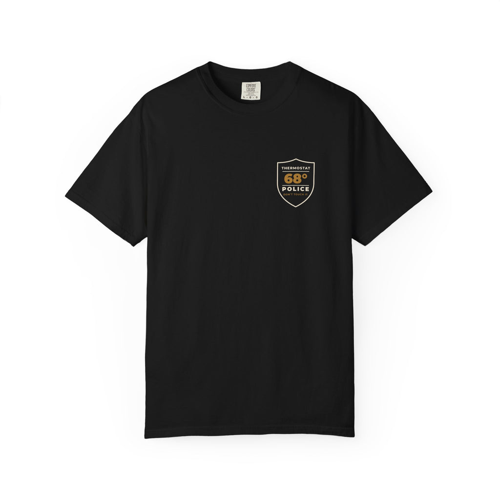 Front of the black Thermostat Police tee by Mildly Unavailable: a small left-chest Thermostat Police tee, 68°, don't touch it