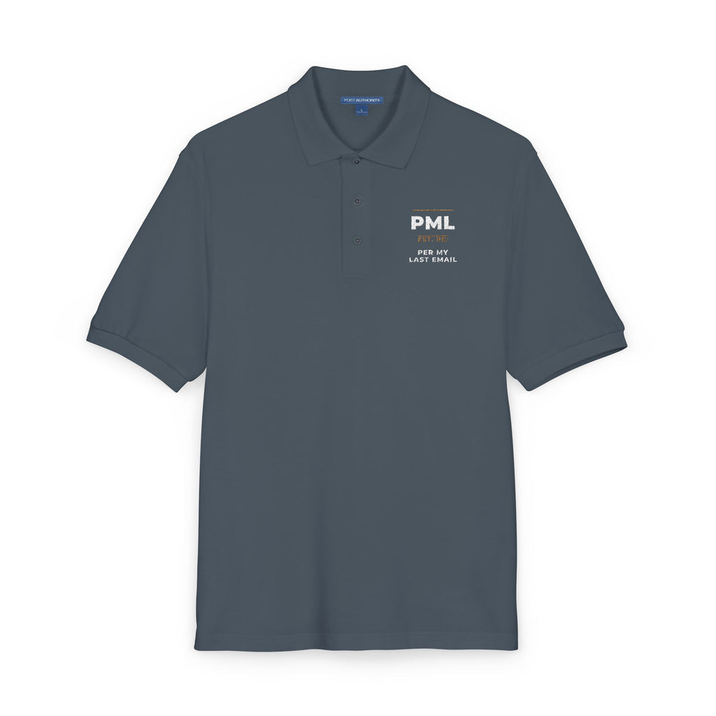 Close-up of the embroidered chest on the steel grey Per My Last Email Monogram polo by Mildly Unavailable