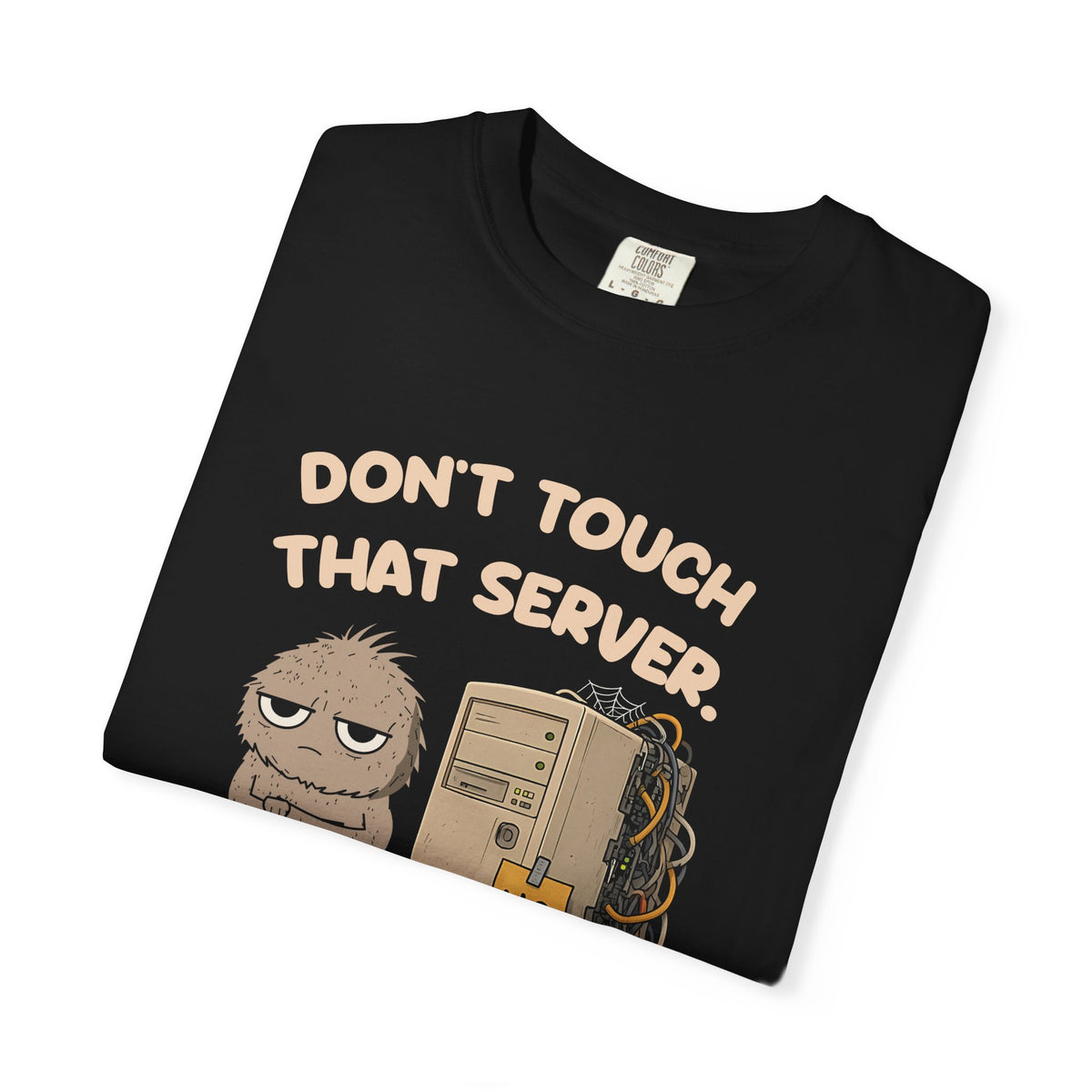 Folded black Don't Touch That Server Murray tee by Mildly Unavailable, close-up of the front design