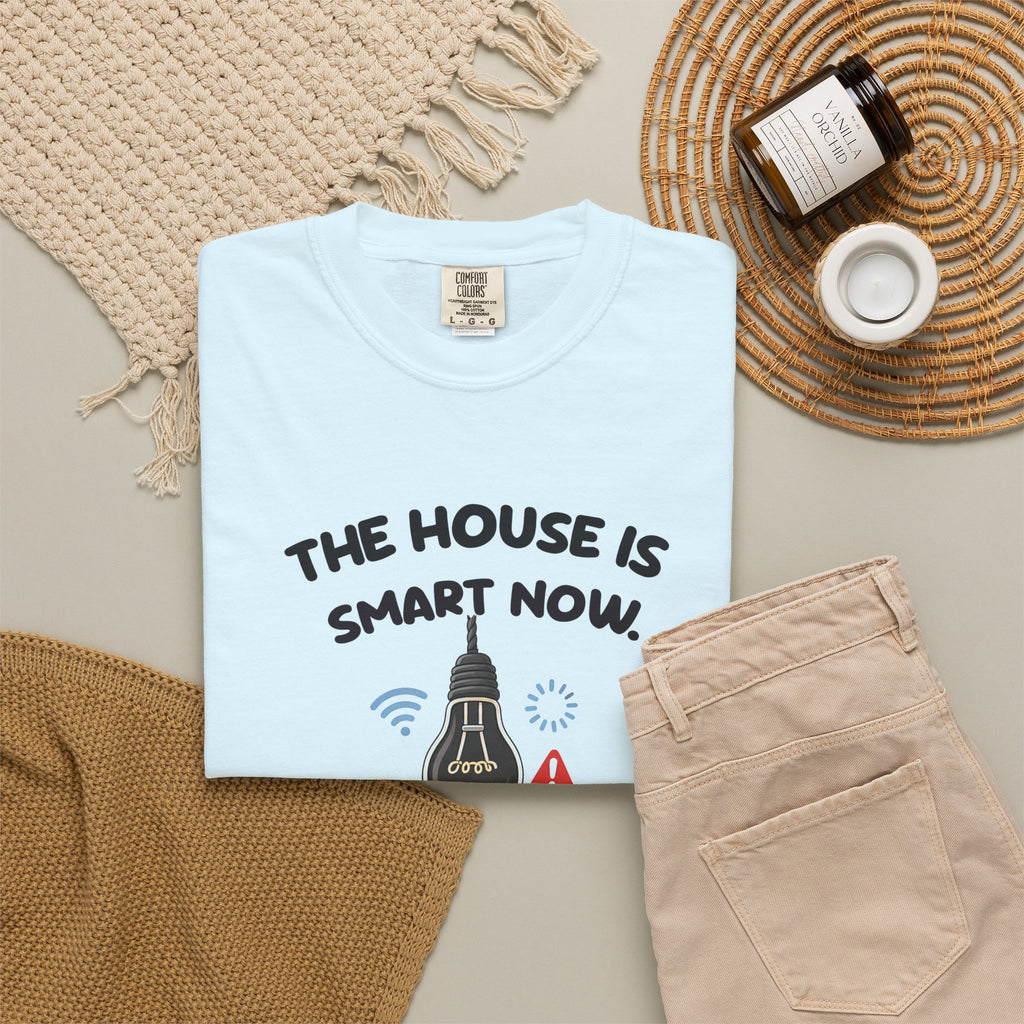 Chambray The House Is Smart Now tee by Mildly Unavailable laid flat with folded pants and home decor