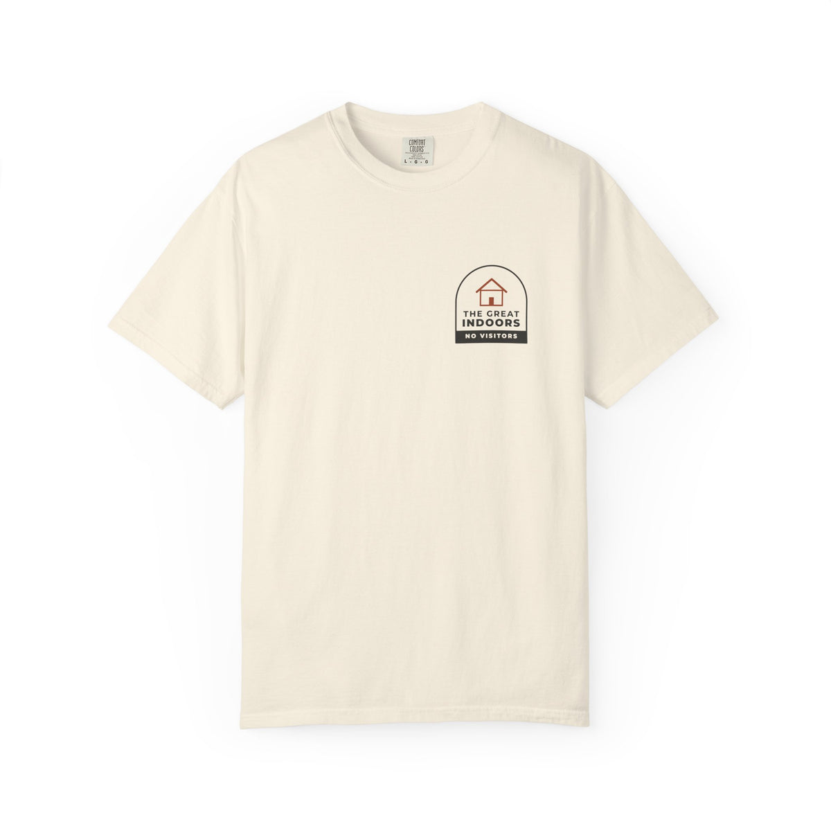 Front of the ivory The Great Indoors tee by Mildly Unavailable: a small left-chest The Great Indoors tee, no visitors
