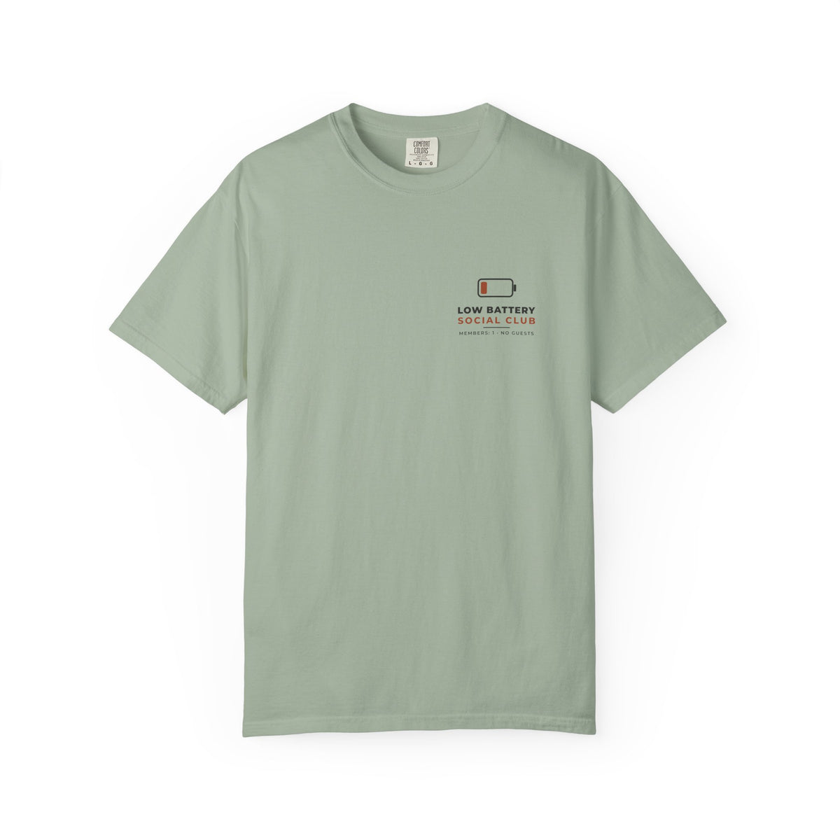 Front of the bay Low Battery Social Club tee by Mildly Unavailable: a small left-chest Low Battery Social Club tee