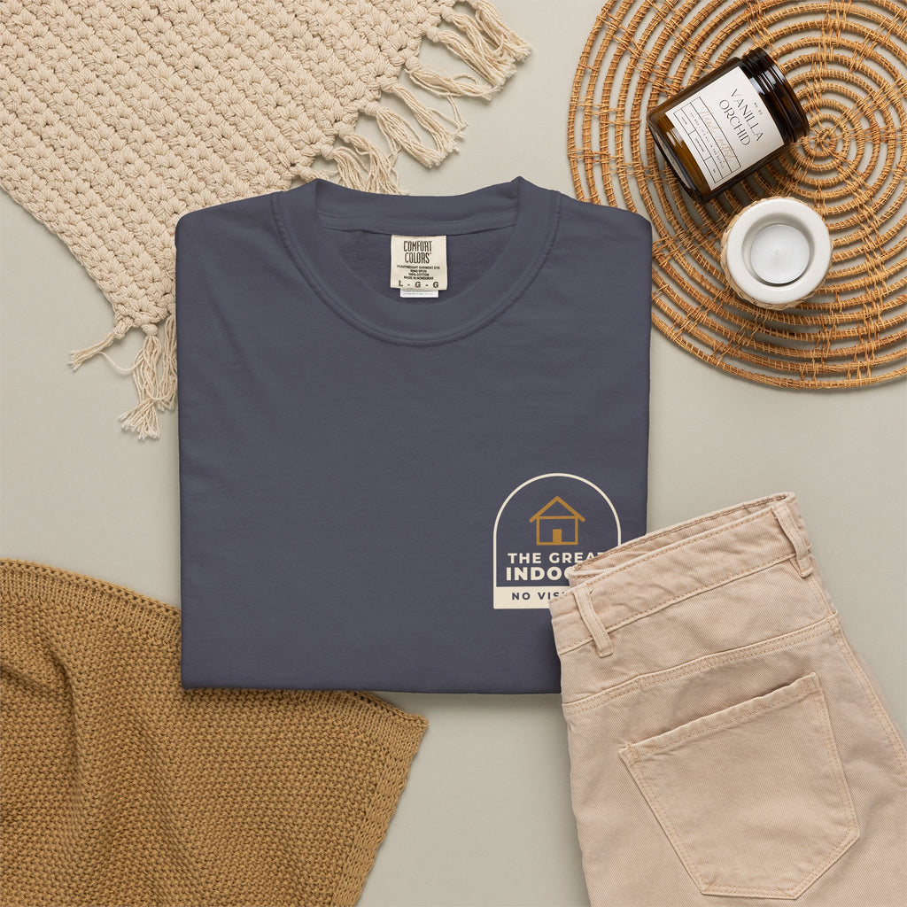 Flat-lay of the navy The Great Indoors tee by Mildly Unavailable