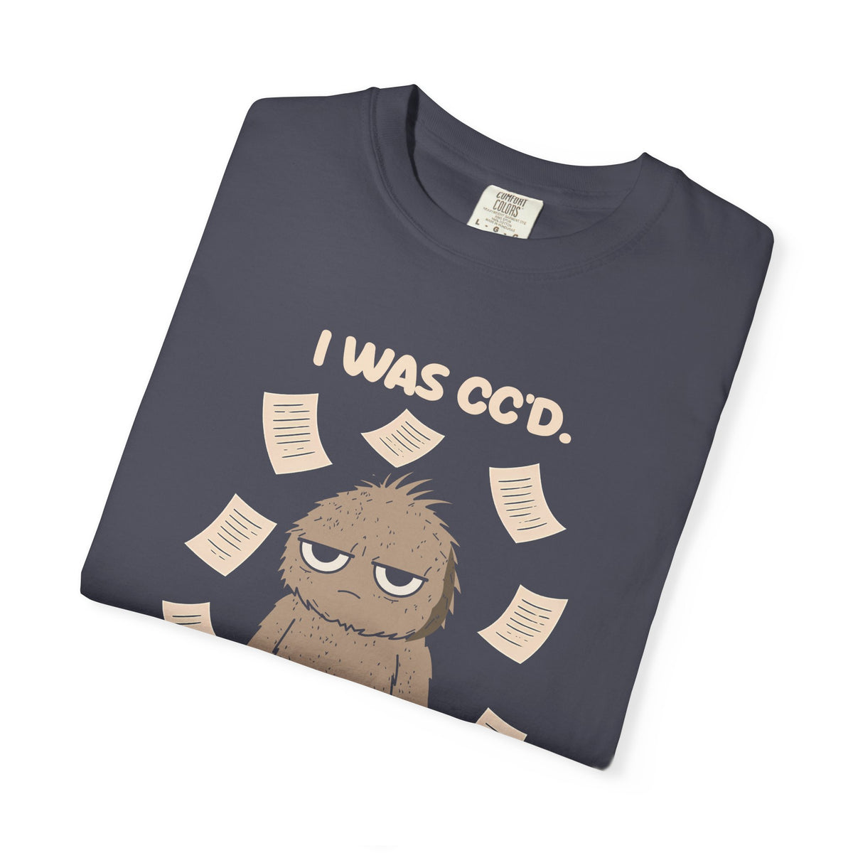 Folded navy I Was CC'd Murray tee by Mildly Unavailable, close-up of the front design