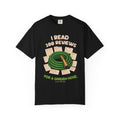 Black tee with the I Read 300 Reviews for a Garden Hose design: a coiled green garden hose surrounded by star-rating review cards, by Mildly Unavailable