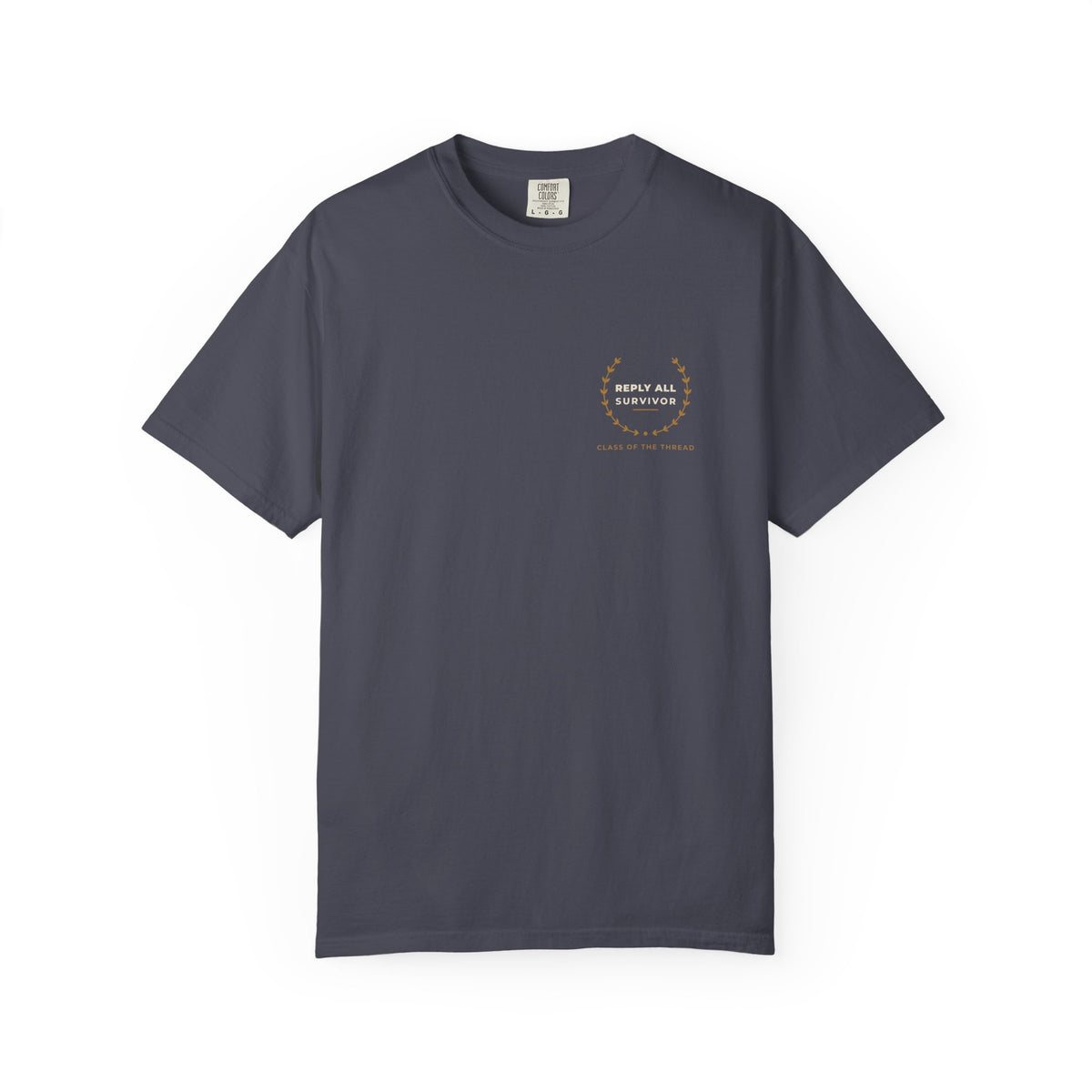 Front of the navy Reply All Survivor tee by Mildly Unavailable: a small left-chest Reply All Survivor tee, Class of the Thread
