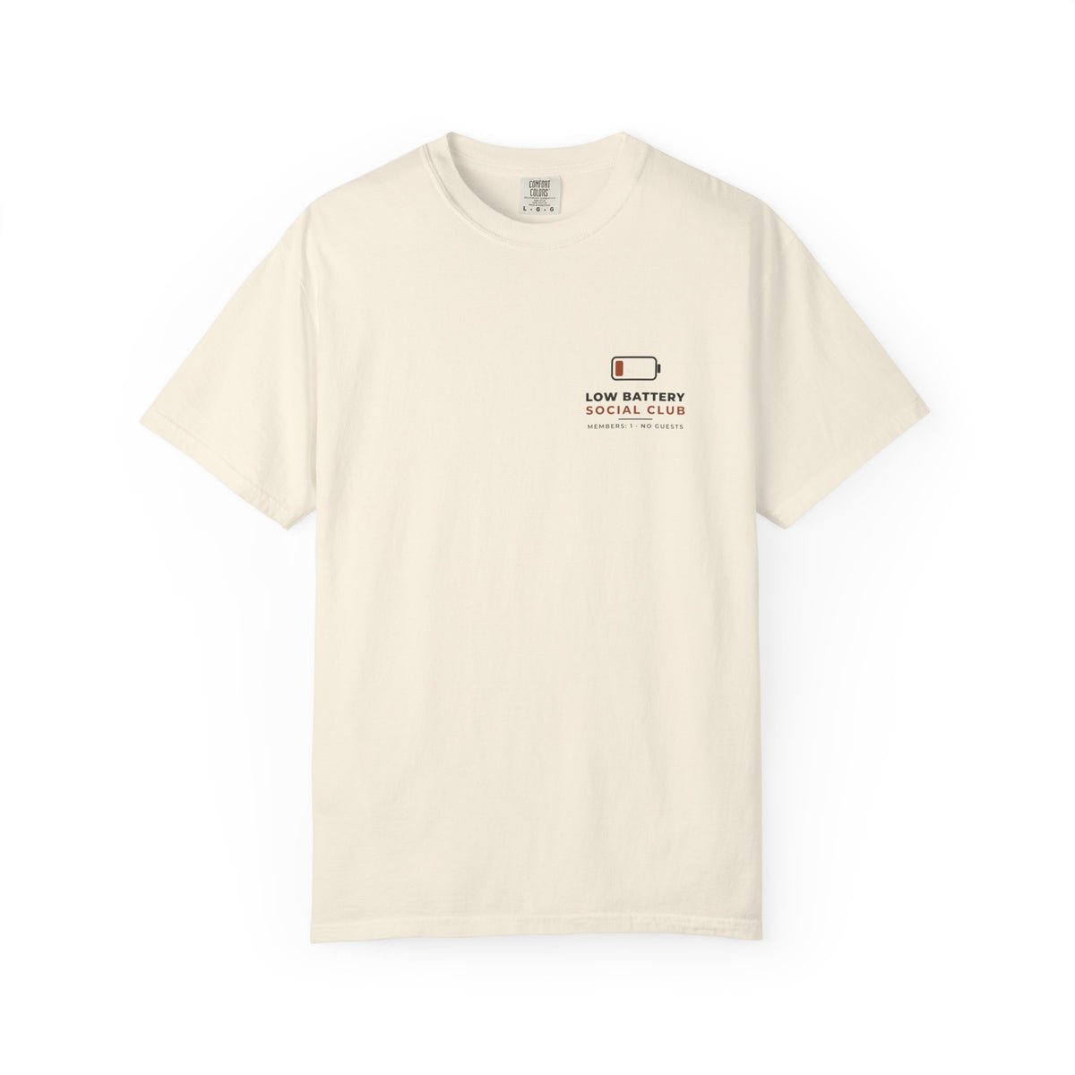 Front of the ivory Low Battery Social Club tee by Mildly Unavailable: a small left-chest Low Battery Social Club tee