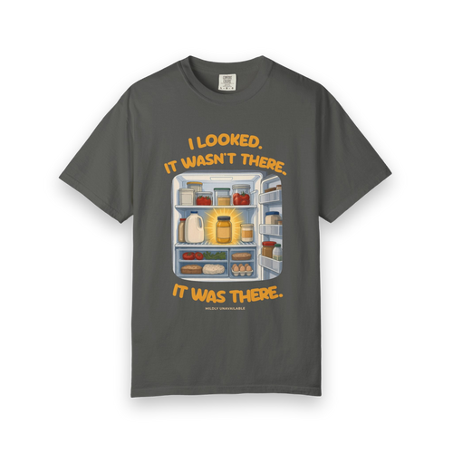 Pepper tee with the I Looked. It Wasn't There. It Was There. design: an open fridge with a jar glowing front and center, by Mildly Unavailable