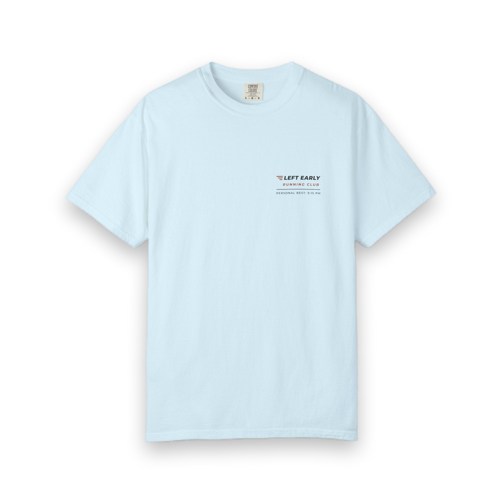 Front of the chambray Left Early Running Club tee by Mildly Unavailable: a small left-chest Left Early Running Club tee, personal best 9:15 PM