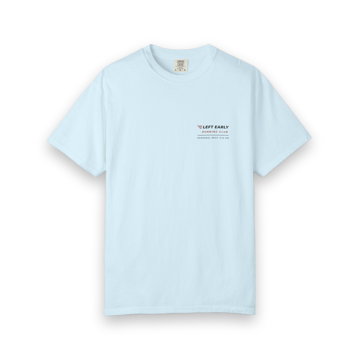 Front of the chambray Left Early Running Club tee by Mildly Unavailable: a small left-chest Left Early Running Club tee, personal best 9:15 PM