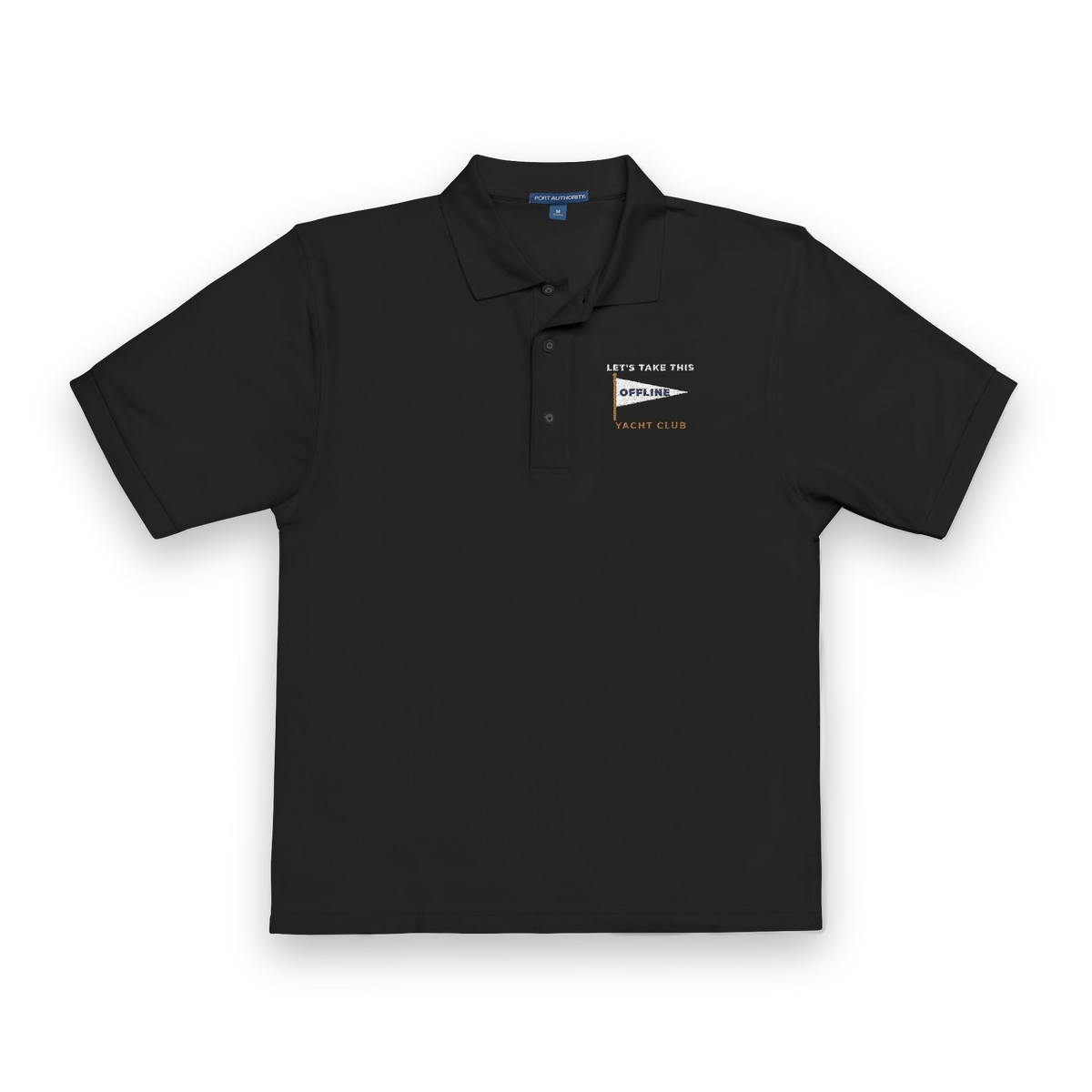 Front of the black Let's Take This Offline Yacht Club polo by Mildly Unavailable: an embroidered Let's Take This Offline Yacht Club pennant polo
