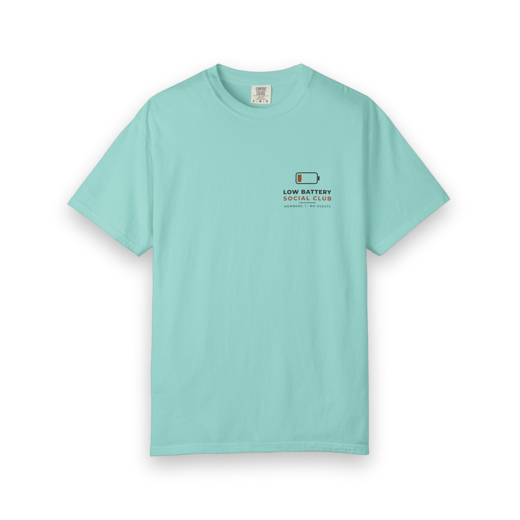 Front of the chalky mint Low Battery Social Club tee by Mildly Unavailable: a small left-chest Low Battery Social Club tee
