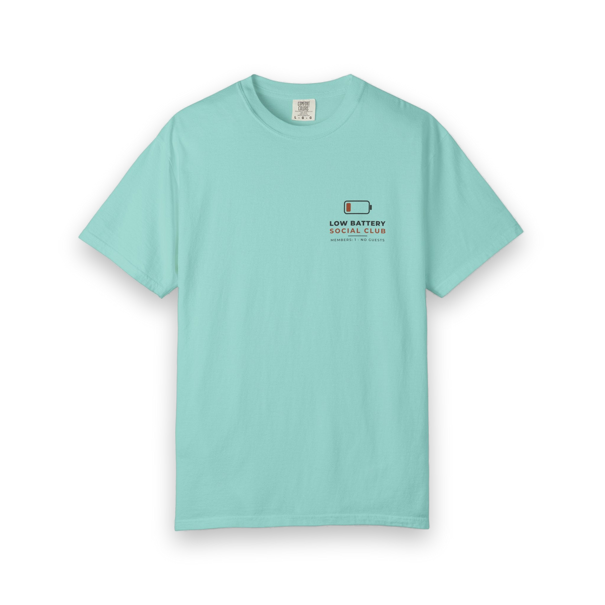 Front of the chalky mint Low Battery Social Club tee by Mildly Unavailable: a small left-chest Low Battery Social Club tee