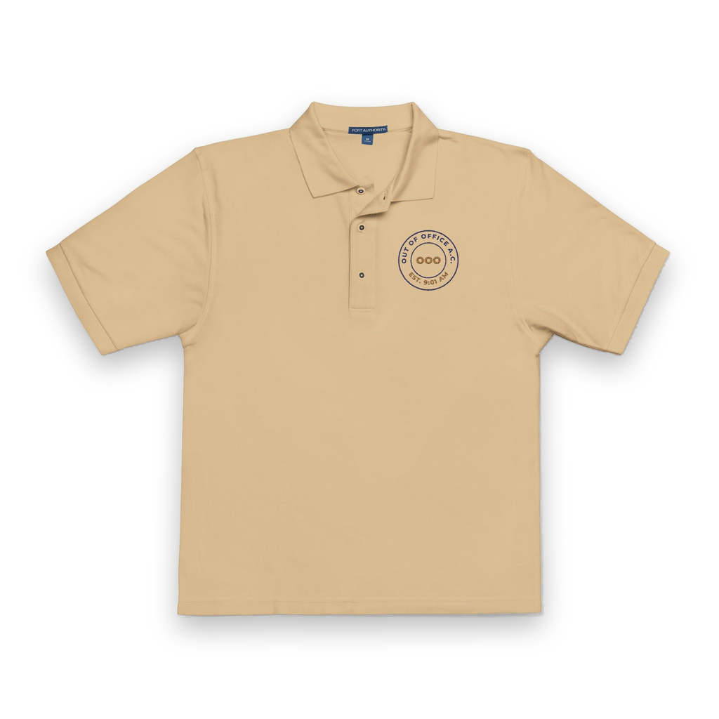 Front of the stone Out of Office Athletic Club polo by Mildly Unavailable: an embroidered Out of Office Athletic Club polo, EST