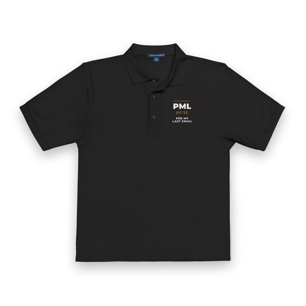 Front of the black Per My Last Email Monogram polo by Mildly Unavailable: an embroidered PML monogram polo