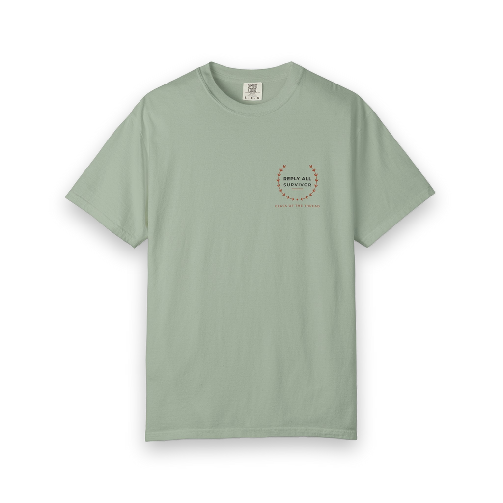 Front of the bay Reply All Survivor tee by Mildly Unavailable: a small left-chest Reply All Survivor tee, Class of the Thread