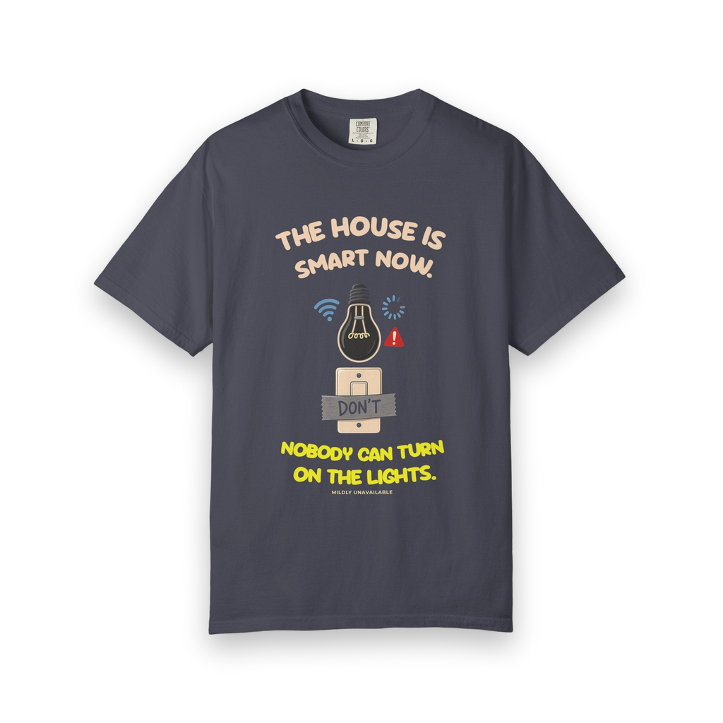 Navy tee with the The House Is Smart Now design: a light bulb with Wi-Fi and error icons over a light switch taped with a Don't sign, and the line Nobody can turn on the lights, by Mildly Unavailable