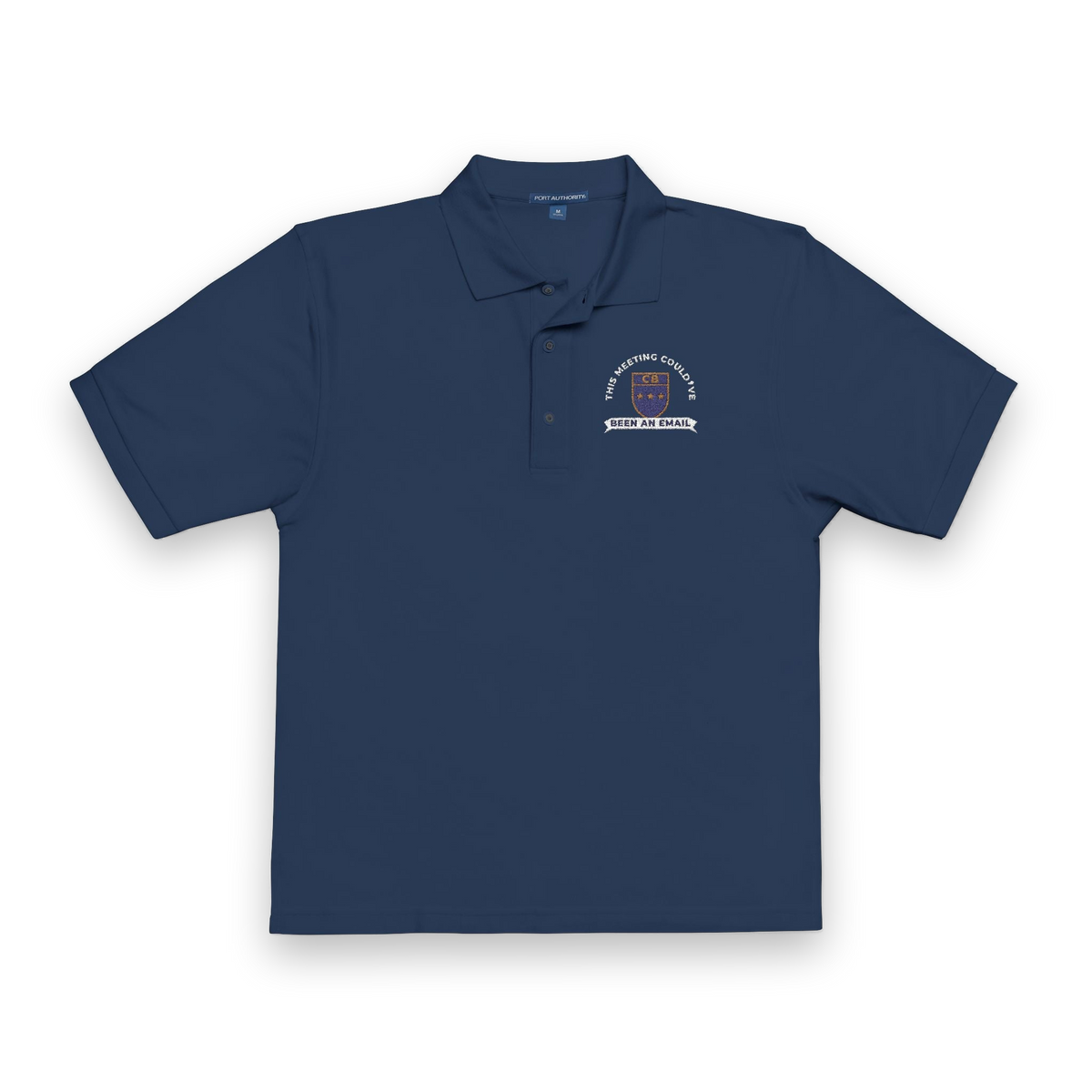 Front of the navy This Meeting Could've Been an Email polo by Mildly Unavailable: an embroidered crest polo that reads THIS MEETING COULD'VE BEEN AN EMAIL