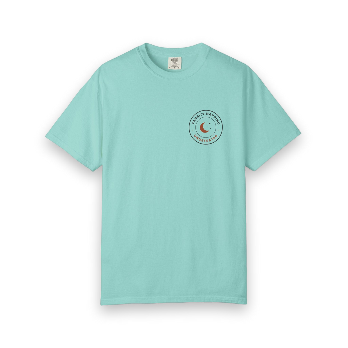 Front of the chalky mint Varsity Napping tee by Mildly Unavailable: a small left-chest Varsity Napping tee, undefeated